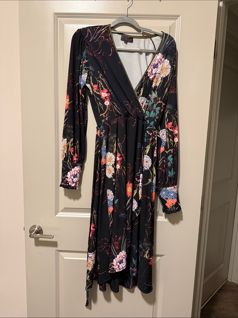 Hale Bob Black Floral Long Sleeve Wrap Dress